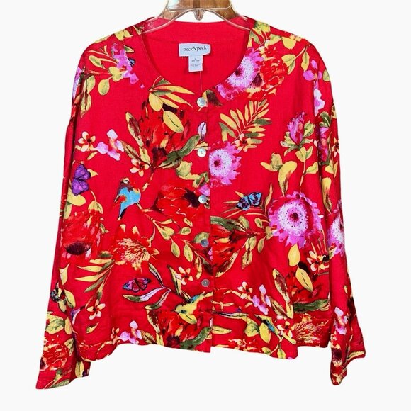 Peck & Peck Reversible Linen Blazer Sz L Red Floral Resortcore Quiet Luxury VTG - Picture 1 of 7